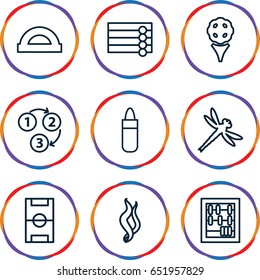 Texture icons set. set of 9 texture outline icons such as wooden wall, lipstick, smoke, 1 2 3, dragonfly, football pitch, protractor, abacus