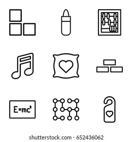 Texture Icons Set. Set Of 9 Texture Outline Icons Such As Brick Wall, Pillow With Heart On It, Lipstick, Heart Tag, Electric Circuit, Abacus, Note