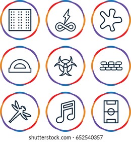 Texture icons set. set of 9 texture outline icons such as field, splash, dragonfly, hazzard, brick wall, football pitch, protractor, note
