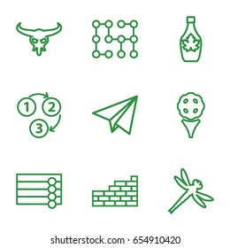 Texture icons set. set of 9 texture outline icons such as bull skull, wooden wall, maple syrup, 1 2 3, paper plane, brick wall, electric circuit, dragonfly