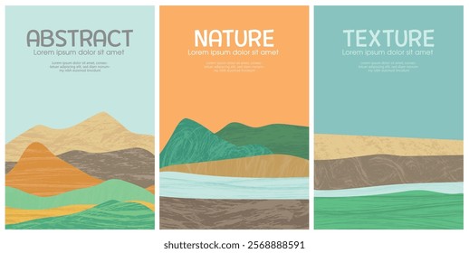 Texture illustration of nature poster set. daylight, afternoon and evening with landscape view, river, mountain, grass and more