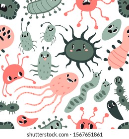 Texture with kawaii infection Bacteria, Virus, Germ, Pathogen with angry faces. Cute Microbe Characters seamless pattern. Good and bad microbes in flat style. Hand drawn vector illustration