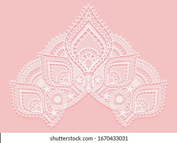 Texture lace fabric in shape of a triangle. White lace on pink background. Crocheted thin fabric made of yarn or thread. Ivory-colored lacy cloth. Vector illustration