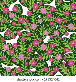 Texture of leaves and pink flowers. Vector background