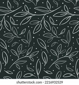The texture of the leaves with white lines on a blue background with dots. Abstract drawing in a botanical theme. It is used for printing on textiles and paper. Gift wrapping.