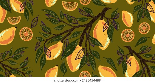 Texture lemons, limes, citrus fruits. Tropical exotic pattern. Cartoon style. Hand drawn elements. Vector seamless overlapping pattern.