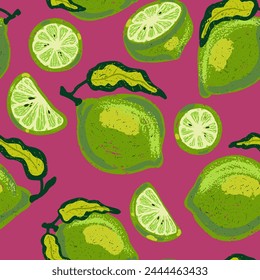 Texture lemons, limes, citrus fruits. Tropical exotic pattern. Cartoon style. Hand drawn elements. Vector seamless overlapping pattern.