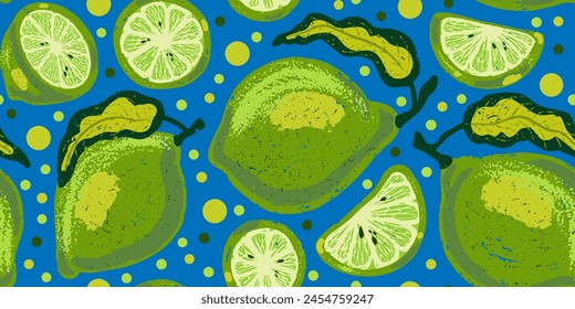 Texture lemons, limes, citrus fruits. Tropical exotic pattern. Cartoon style. Hand drawn elements. Vector seamless overlapping pattern.