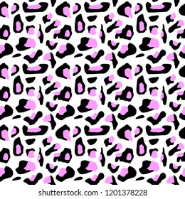 The texture of the leopard spots. Leopard pattern for textiles. Pink-black spots on a white background.