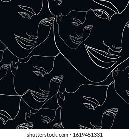 Texture with line woman face, vector illustration, trendy background. Single female face drawn by one continuous line in minimalism style. Stylized portrait 