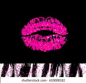 Die Beschaffenheit der Lippen besonders beschädigt. Grunge schmutzige Bürsten aus Mascara für Augen. Vektorillustration Kuss-Aufdruck mit rosafarbenem Schimmer glitzert auf schwarzem Hintergrund.