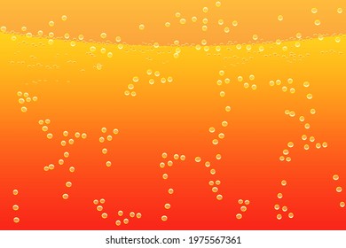 Texture liquid with bubbles. Orange carbonated drink pattern. Water, beverage, juice, lemonade or soda. Golden sparklings fluid background. Air bubbles in yellow liquid. Stock vector illustration