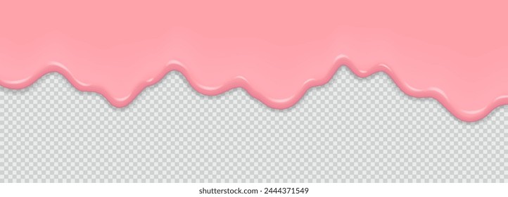 Texture liquid pink sweet caramel or gum on a transparent background. Dripping glossy pink slime. Border of flowing sticky liquid. 3D vector illustration