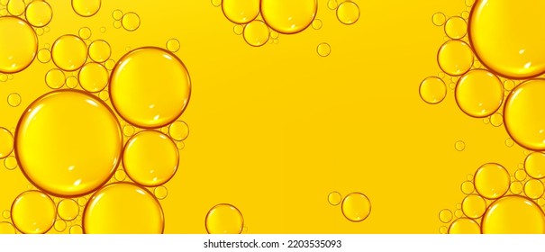 Texture of liquid yellow oil with air bubbles. Vector realistic background of golden cosmetic or cooking oil with glossy drops. Abstract backdrop with copy space for text - Shutterstock ID 2203535093