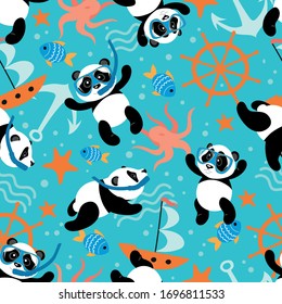 Texture with little pandas that swim in diving masks underwater. Illustration for children.