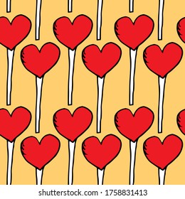 Texture of lollipops in the shape of a heart on a yellow background. Cute red lollipops repeating on a light background. Red lollipops hearts