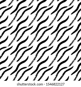 Texture long brush stroke, diagonal wavy stripes vector pattern. Black and white.