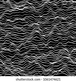 Texture made of wavy white line with variable width on black background. Vector line noise.