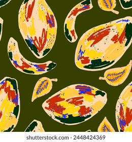 Texture mangoes. Tropical exotic pattern. Cartoon style. Hand drawn elements. Vector seamless overlapping pattern.