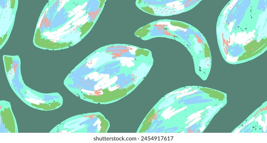 Texture mangoes. Tropical exotic pattern. Cartoon style. Hand drawn elements. Vector seamless overlapping pattern.