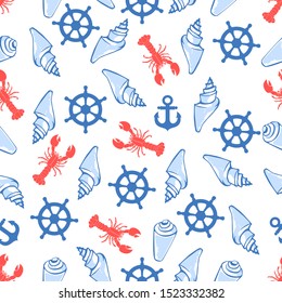 texture of marine life with seashells, anchors, lobsters and fish. Vector seamless pattern with seafaring and nautical signs. 