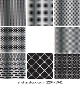 Texture of Metal Grid Collection . Steel Plate Pattern with Holes . Industrial Background Illustration . 