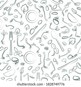 Textur. Mikrogrün, Teller und Besteck. kalorienarme Ernährung und gesundes Essen. Contour-Bild auf weißem Hintergrund. Die Umrisslinie ist dunkelgrün. Design-Element. Vektorgrafik.