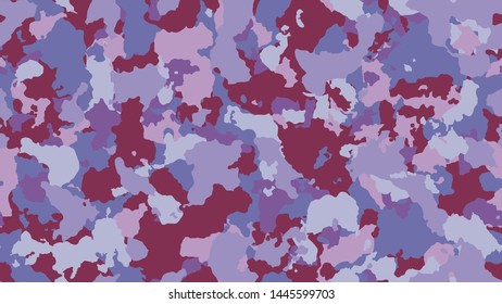 Texture military camouflage. Abstract camo backgound. Seamless pattern for textile. Purple, pink colorful banner. Colorful uniform design. Combat vector illustration.