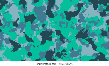 Texture military camouflage. Abstract camo backgound. Seamless pattern for textile. Cyan, green liquid poster. Colorful uniform design. Combat vector illustration.