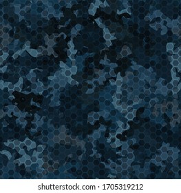 Texture military camouflage seamless pattern. Abstract modern army camo, blue hex ornament, navy dark night colors, endless background. Vector illustration