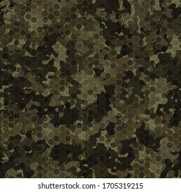 Militärische Tarnung Textur nahtlos Muster. Abstrakte moderne Armeekamera, blauer Hex-Ornament, Herbstwald und Olivenfarben, unendlicher Hintergrund. Vektorillustration