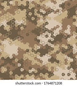 Texture military camouflage seamless pattern. Abstract modern army camo, desert sand storm hex ornament, urban colors, endless background. Vector illustration.
