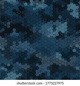 Texture military camouflage seamless pattern. Abstract modern army camo, blue hex ornament, navy dark night colors, endless background. Vector illustration.