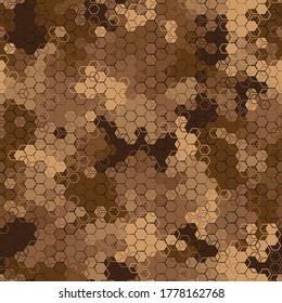 Camuflaje militar texturizado sin fisuras. Resumen camo militar moderno, ornamento hex de tormenta de arena desértica, colores urbanos, fondo interminable. Ilustración vectorial.