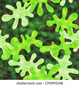 Fondo de patrón sin fisuras en el camuflaje militar texturizado. Resumen del ejército y de la caza enmascaramiento adorno de papel textil. Lime y colores tóxicos verdes, imagen vectorial de textura de musgo alienígena