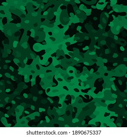 Militärische Gewebeflage in Texturen nahtlos Muster Hintergrund. Abstrakte Armee- und Jagdmasken-Stoffdruck aus Ornamenten. Dunkle Malachite-grüne Farben Waldtextur Vektorgrafik