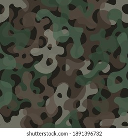 Texture military camouflage seamless pattern background. Abstract army and hunting masking ornament textile print. Brown and green mountains colors, rocky moss texture vector illustration