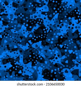 Texture military camouflage seamless pattern background. Abstract army and hunting masking ornament textile print. Azure lapis blue colors, night ocean texture vector illustration