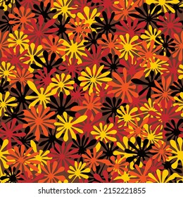 Texture military camouflage seamless pattern background. Abstract army and hunting masking ornament textile print. Red, orange and black colored slime drops, tribal africa texture vector illustration