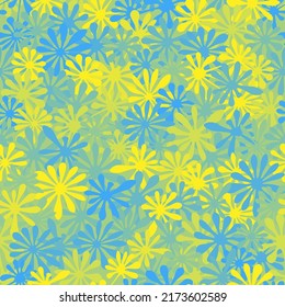 Texture military camouflage seamless pattern background. Abstract army and hunting masking ornament textile print. Ukrainian flag yellow and blue colored slime drops texture vector illustration