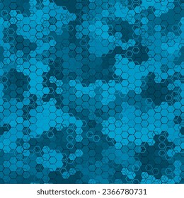 Texture military camouflage seamless pattern. Abstract modern army camo, blue hex ornament, navy dark night colors, endless background. Vector illustration.
