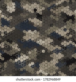 Texture military dark brown colors camouflage seamless pattern. Urban hexagon snakeskin. Abstract army and hunting masking ornament texture. Vector illustration background
