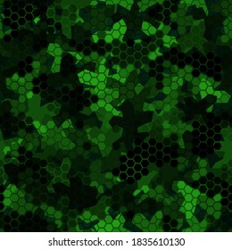 Texture military dark green colors camouflage seamless pattern. Urban hexagon snakeskin. Abstract army and hunting masking ornament texture. Vector illustration background