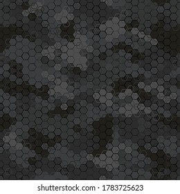 Texture military dark smoke colors night camouflage seamless pattern. Urban hexagon snakeskin. Abstract army and hunting masking ornament texture. Vector illustration background