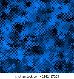 Patrón transparente de camuflaje azul azul azul azul azul azul azul azul celeste militar texturizado. Resumen del ejército y de los antecedentes de los ornamentos de caza con máscaras. Textura de cámara de mosaico digital de píxeles digitales vectoriales