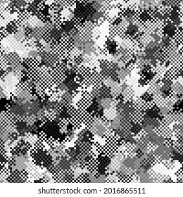 Texture military digital dark gray camouflage seamless pattern. Abstract army and hunting masking ornament background. Vector digital pixel mosaic camo texture