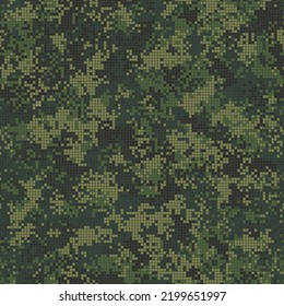 Texture military digital dark green moss camouflage seamless pattern. Abstract army and hunting swamp masking ornament background. Vector digital pixel mosaic camo texture