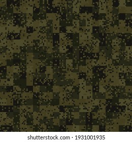 Texture military digital dark olive camouflage seamless pattern. Abstract army and hunting masking ornament background. Vector digital pixel mosaic camo texture
