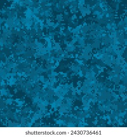 Texture military digital denim blue camouflage seamless pattern. Abstract army and hunting masking ornament background. Vector digital pixel mosaic camo texture