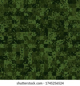 Texture military digital green camouflage seamless pattern. Abstract army and hunting masking ornament background. Vector digital pixel mosaic camo texture